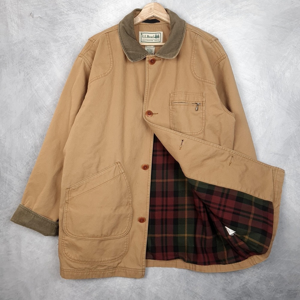 LL Bean Barn Coat Mens Large Brown Canvas Plaid Lined Corduroy Collar Workwear